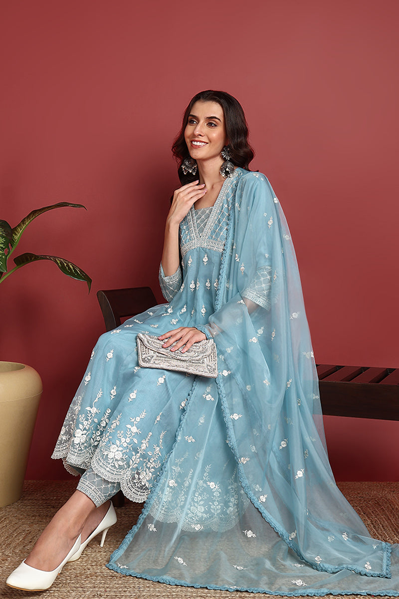 Blue Organza Solid Embroidered Anarkali Suit Set PKSKD2400