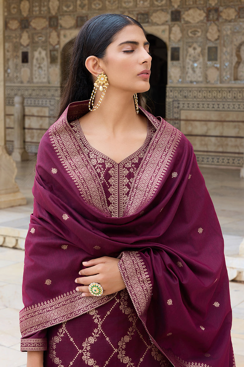 Burgundy Silk Blend Ethnic Motifs Woven Design Straight Suit Set PKSKD2402