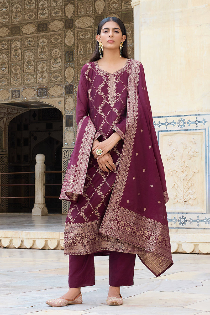 Burgundy Silk Blend Ethnic Motifs Woven Design Straight Suit Set PKSKD2402