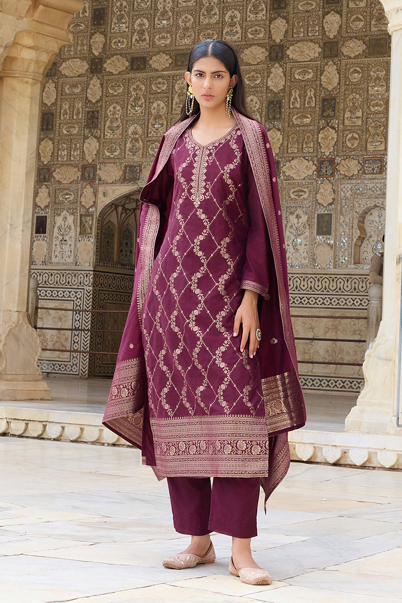 Burgundy Silk Blend Ethnic Motifs Woven Design Straight Suit Set PKSKD2402