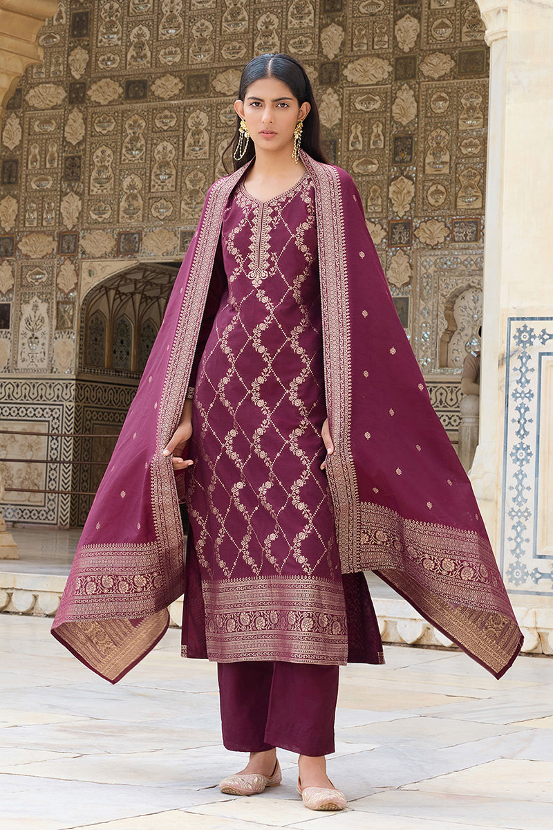 Burgundy Silk Blend Ethnic Motifs Woven Design Straight Suit Set PKSKD2402