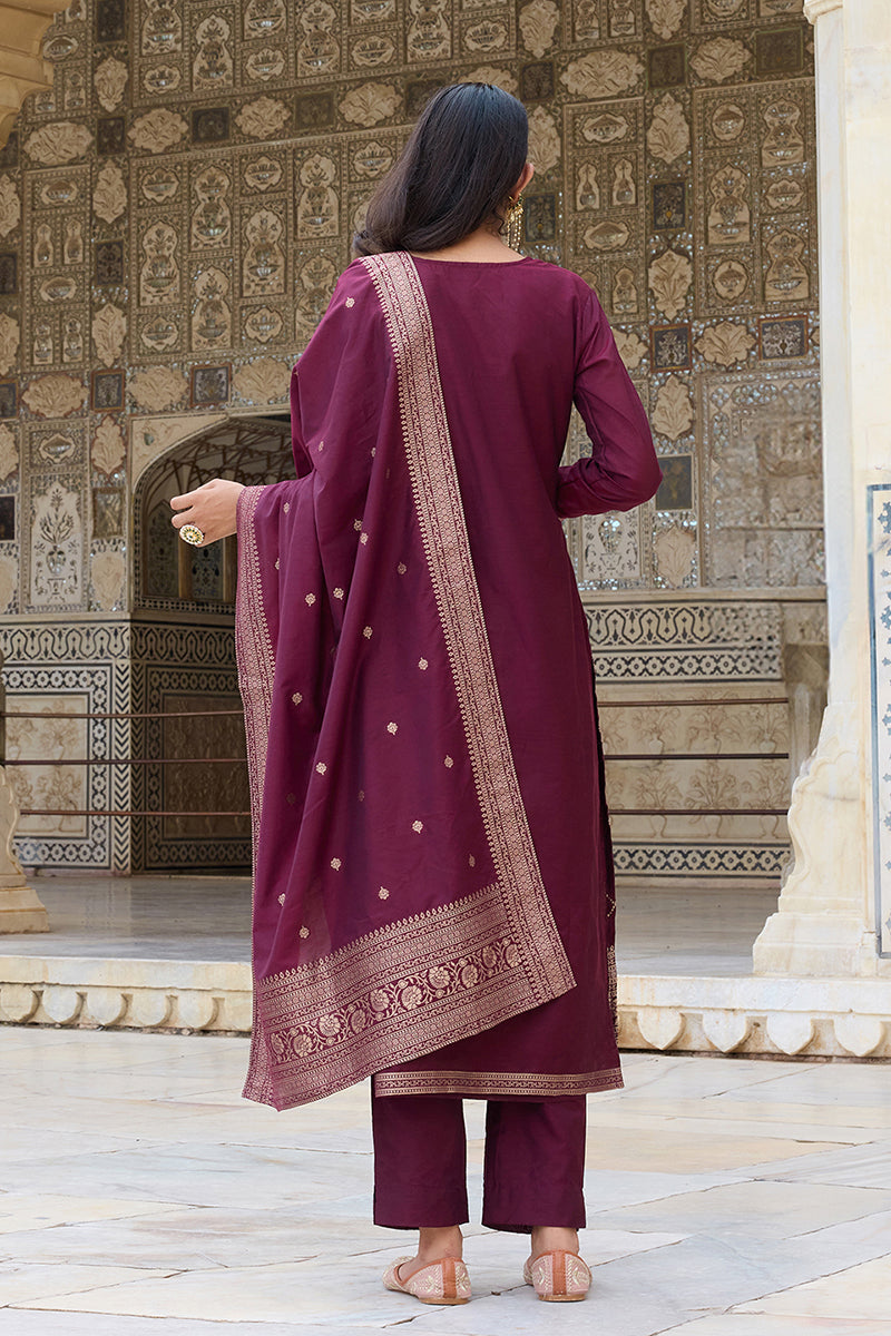 Burgundy Silk Blend Ethnic Motifs Woven Design Straight Suit Set PKSKD2402