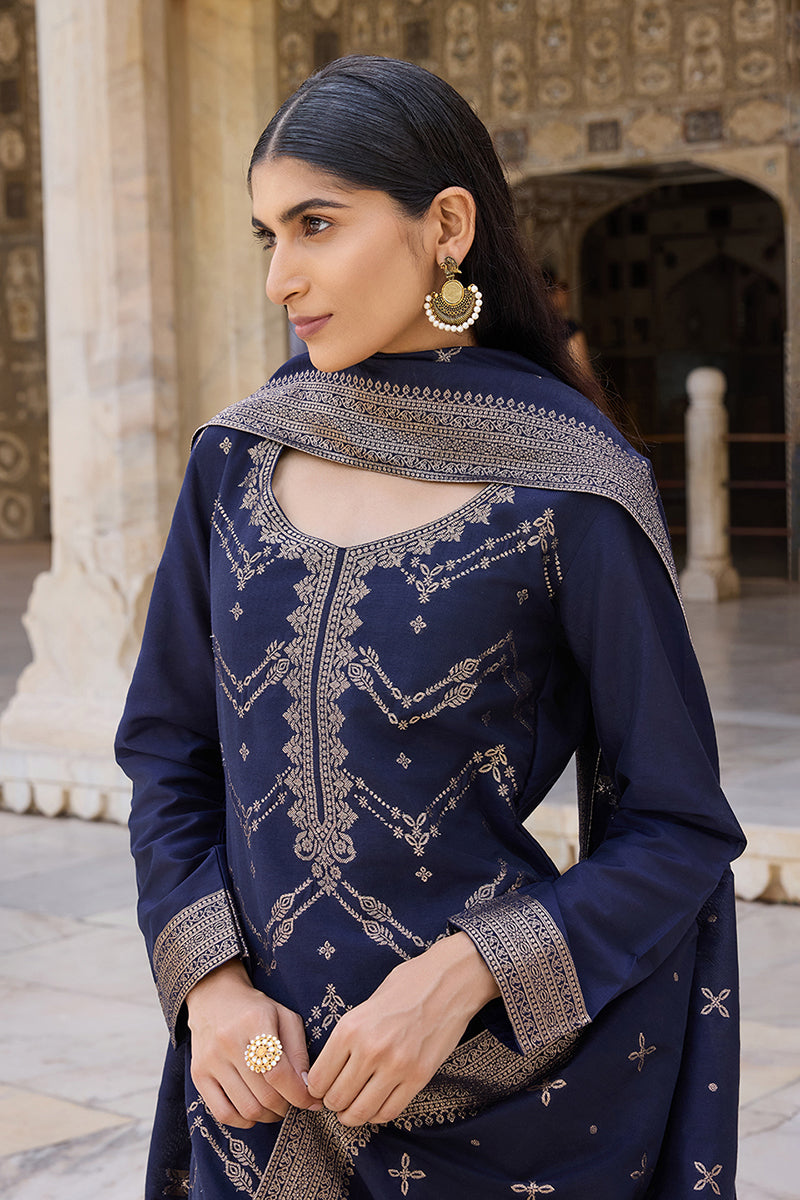 Navy Blue Silk Blend Ethnic Motifs Woven Design Straight Suit Set PKSKD2403