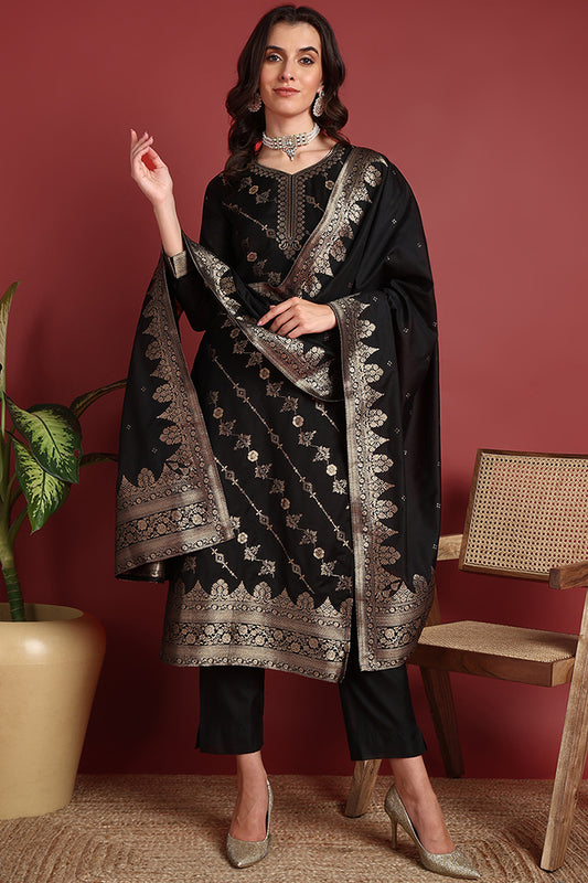 Black Silk Blend Ethnic Motifs Woven Design Straight Suit Set PKSKD2404