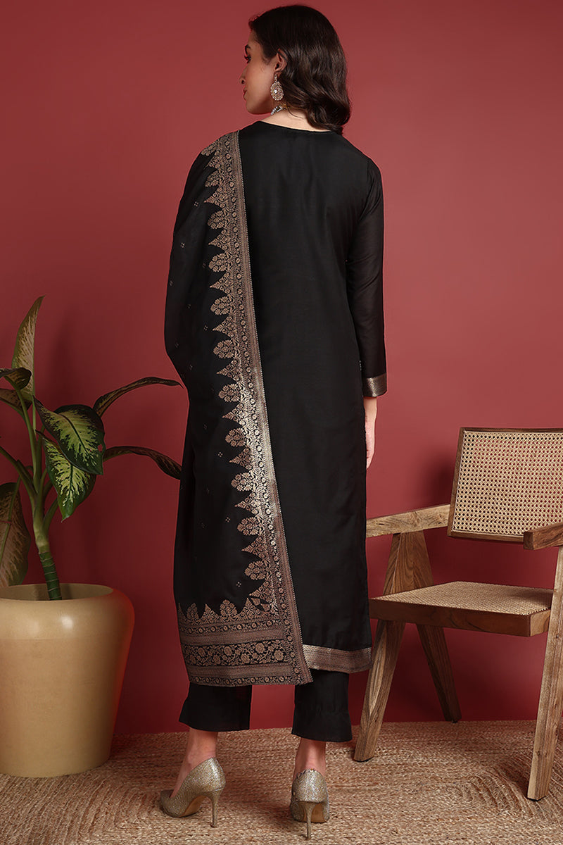 Black Silk Blend Ethnic Motifs Woven Design Straight Suit Set PKSKD2404