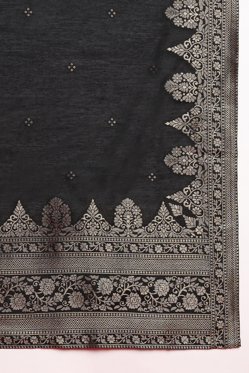 Black Silk Blend Ethnic Motifs Woven Design Straight Suit Set PKSKD2404