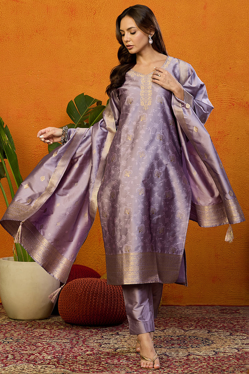 Lavender Silk Blend Ethnic Motifs Woven Design Straight Suit Set PKSKD2405