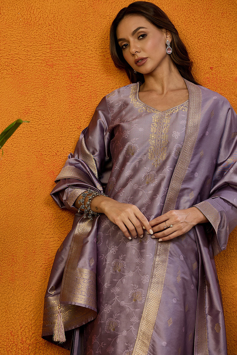 Lavender Silk Blend Ethnic Motifs Woven Design Straight Suit Set PKSKD2405