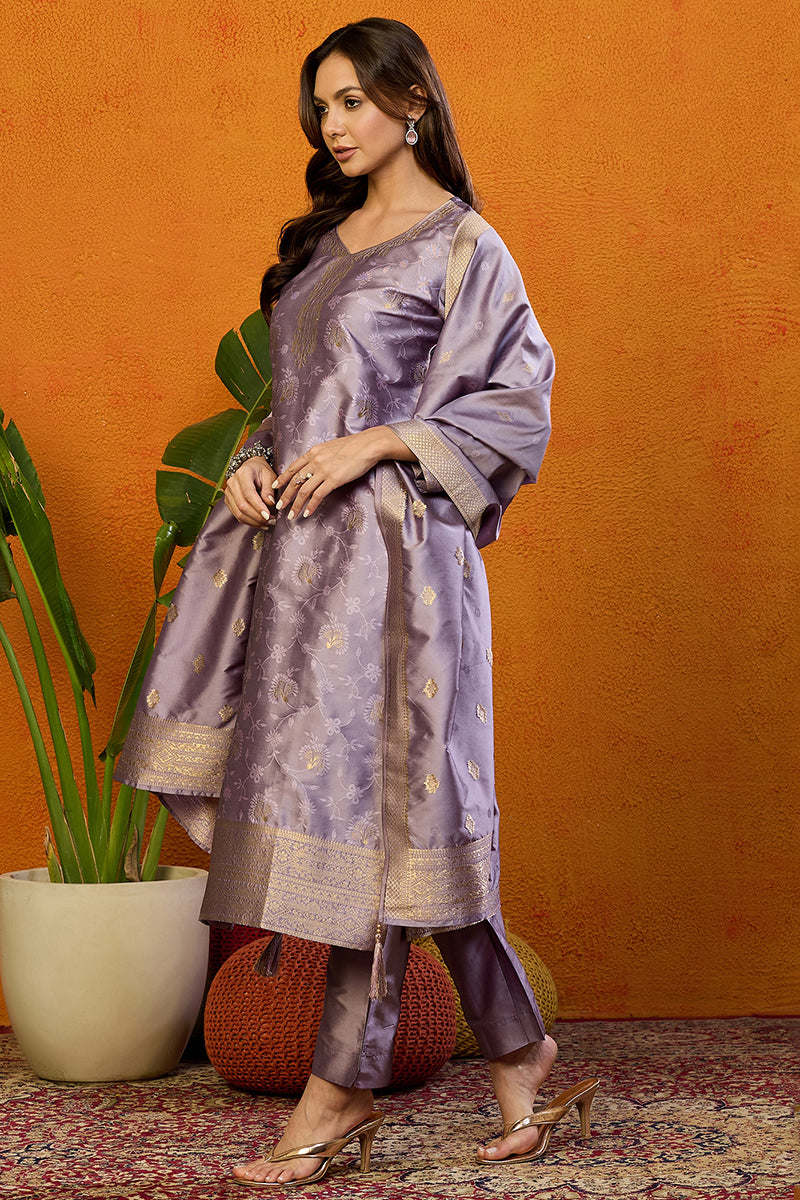 Lavender Silk Blend Ethnic Motifs Woven Design Straight Suit Set PKSKD2405