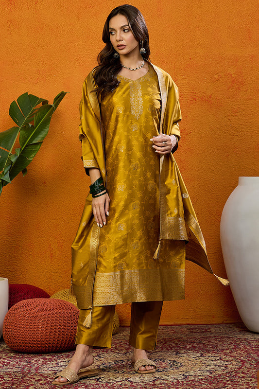 Mustard Yellow Silk Blend Ethnic Motifs Woven Design Straight Suit Set PKSKD2406