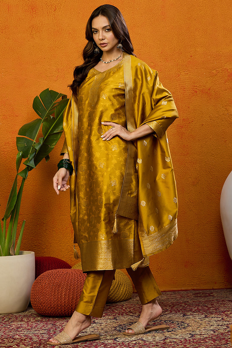 Mustard Yellow Silk Blend Ethnic Motifs Woven Design Straight Suit Set PKSKD2406