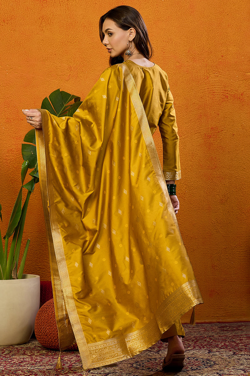 Mustard Yellow Silk Blend Ethnic Motifs Woven Design Straight Suit Set PKSKD2406