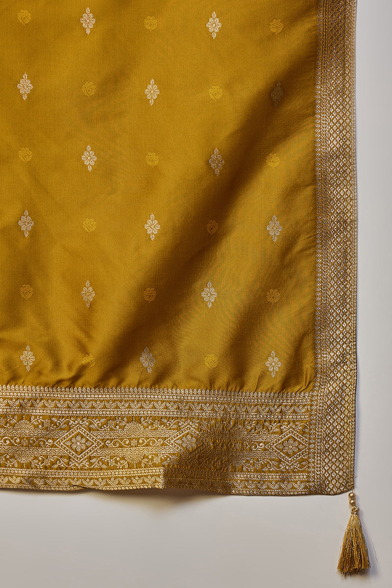 Mustard Yellow Silk Blend Ethnic Motifs Woven Design Straight Suit Set PKSKD2406