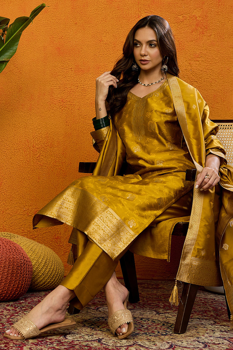 Mustard Yellow Silk Blend Ethnic Motifs Woven Design Straight Suit Set PKSKD2406