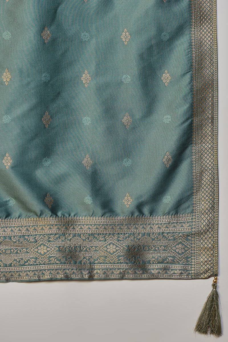 Teal Blue Silk Blend Ethnic Motifs Woven Design Straight Suit Set PKSKD2407