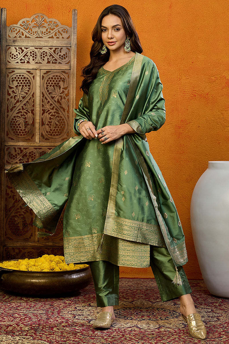 Green Silk Blend Ethnic Motifs Woven Design Straight Suit Set PKSKD2408