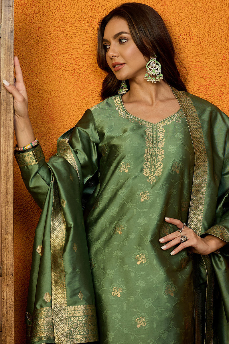 Green Silk Blend Ethnic Motifs Woven Design Straight Suit Set PKSKD2408