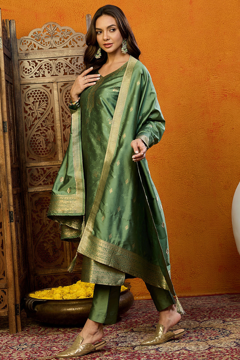 Green Silk Blend Ethnic Motifs Woven Design Straight Suit Set PKSKD2408