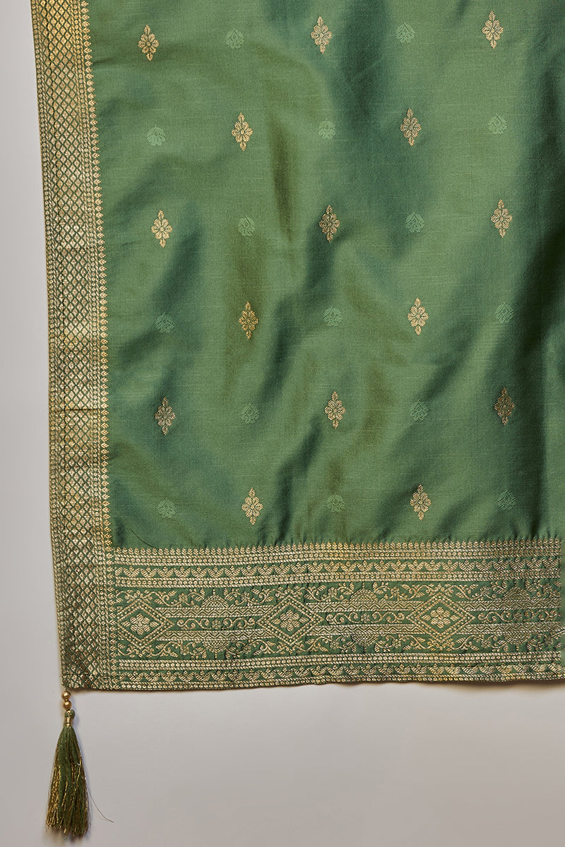 Green Silk Blend Ethnic Motifs Woven Design Straight Suit Set PKSKD2408