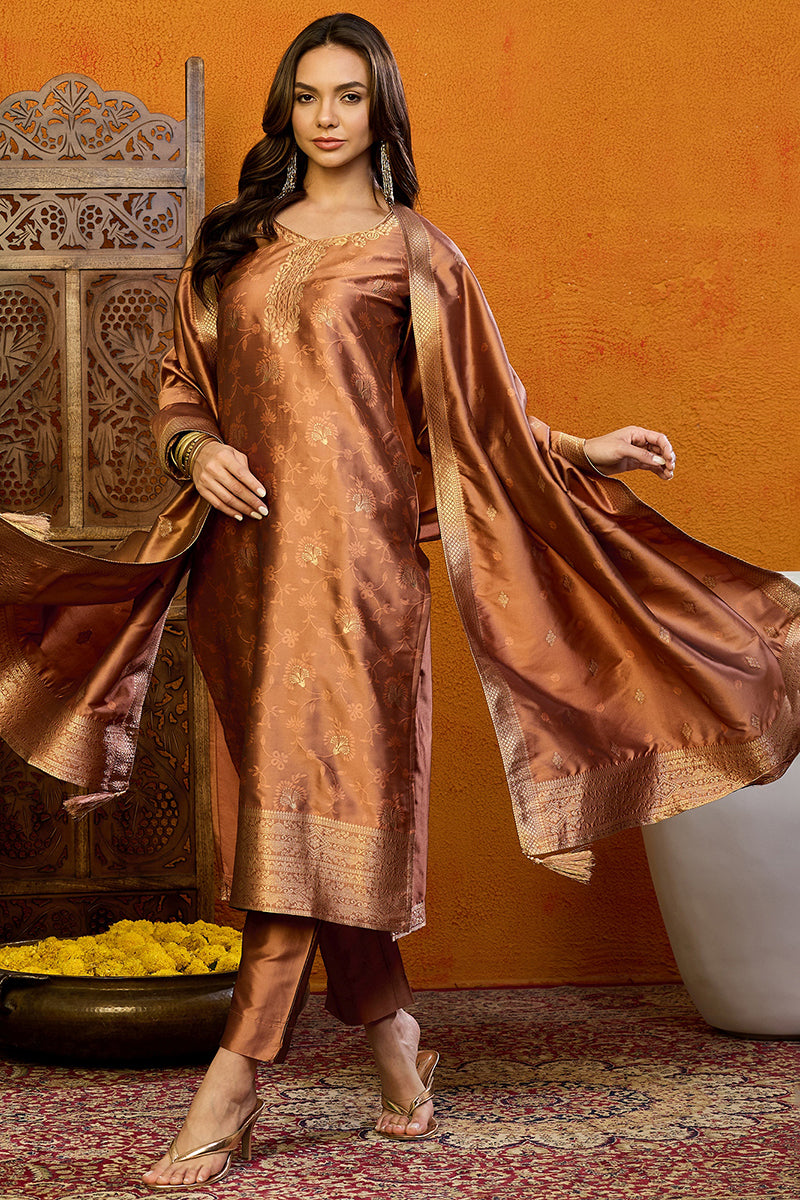 Brown Silk Blend Ethnic Motifs Woven Design Straight Suit Set PKSKD2409