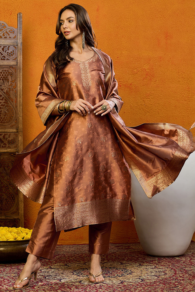 Brown Silk Blend Ethnic Motifs Woven Design Straight Suit Set PKSKD2409