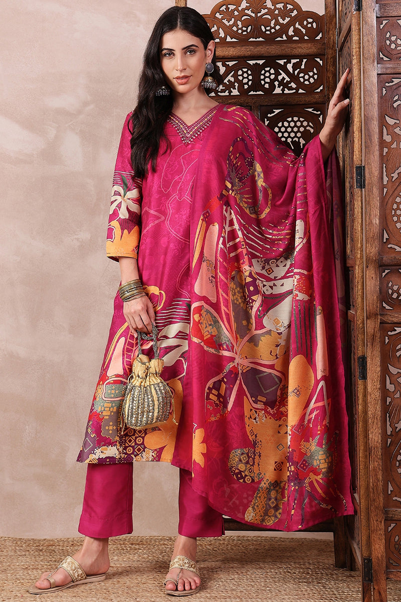 Pink Rayon Blend Floral Printed Straight Trouser Bottom Suit Set PKSKD2414