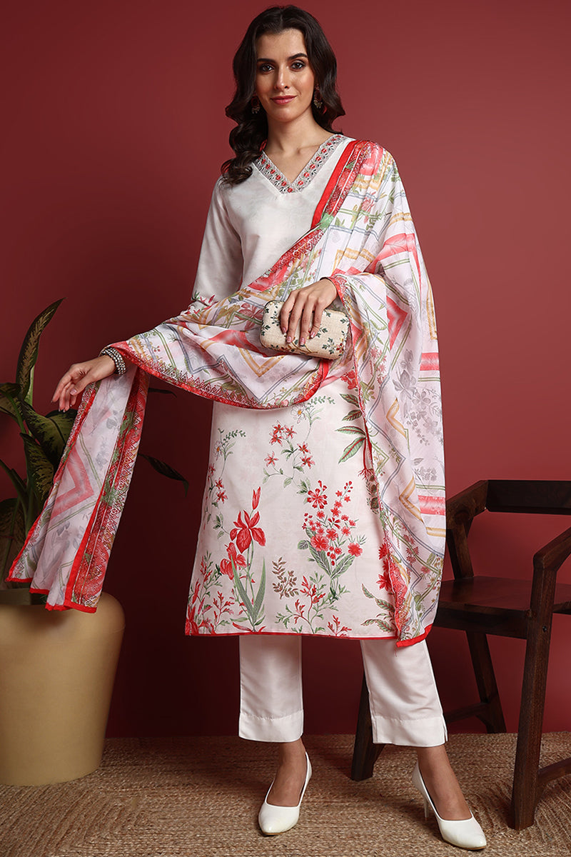 White Rayon Blend Floral Printed Straight Suit Set PKSKD2415