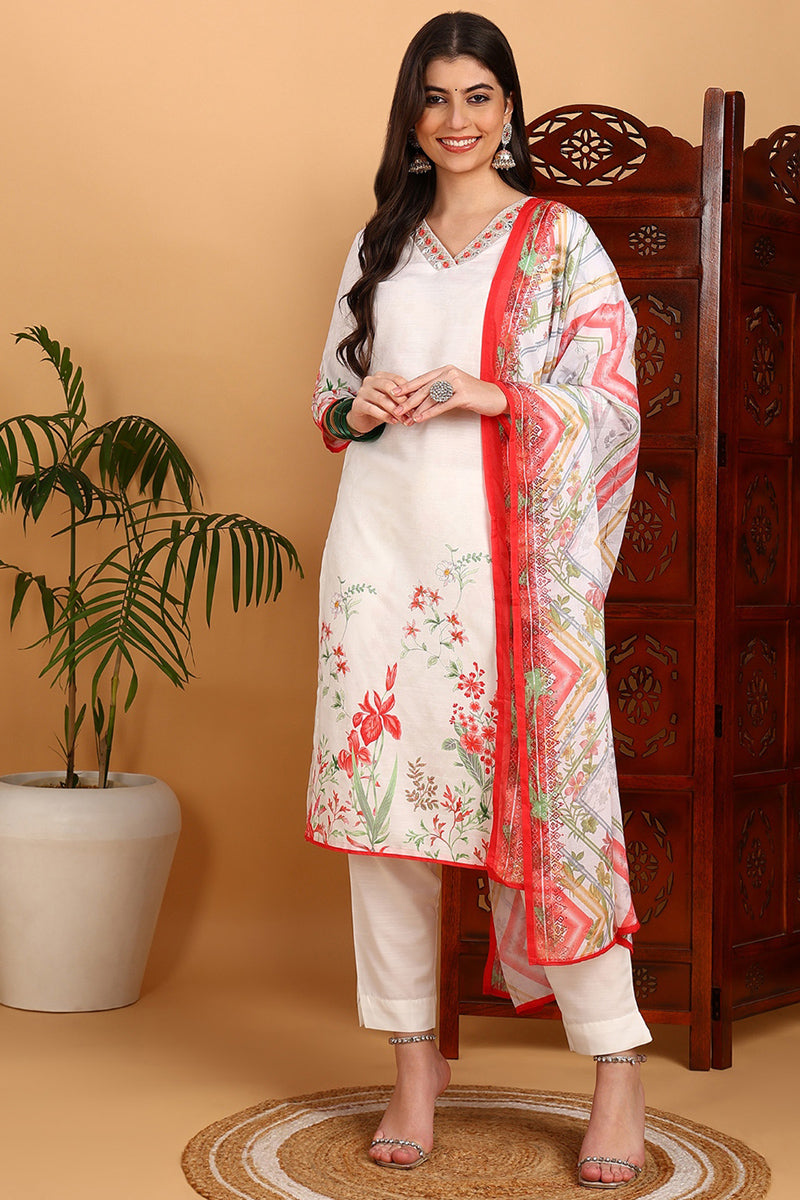 White Rayon Blend Floral Printed Straight Suit Set PKSKD2415