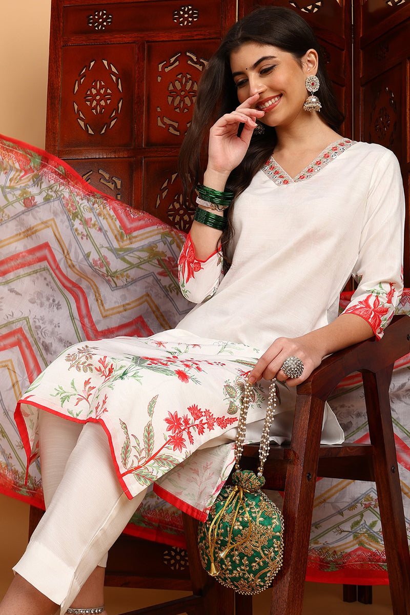 White Rayon Blend Floral Printed Straight Suit Set PKSKD2415