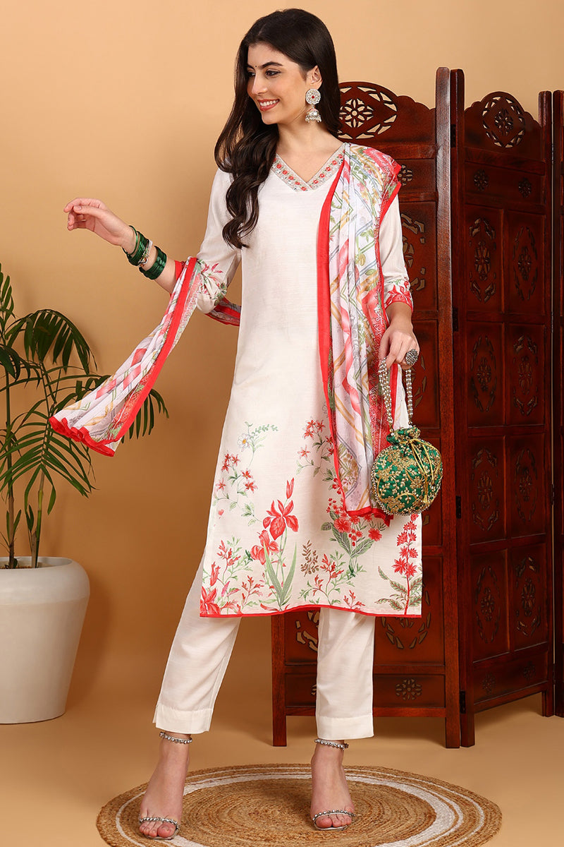 White Rayon Blend Floral Printed Straight Suit Set PKSKD2415