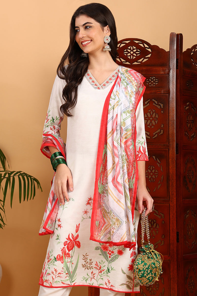 White Rayon Blend Floral Printed Straight Suit Set PKSKD2415