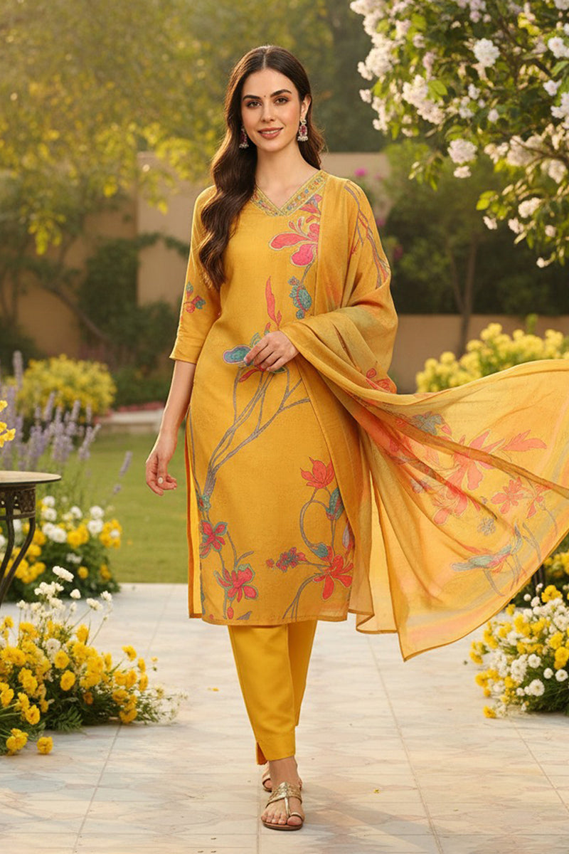 Mustard Yellow Rayon Blend Floral Printed Straight Suit Set PKSKD2416