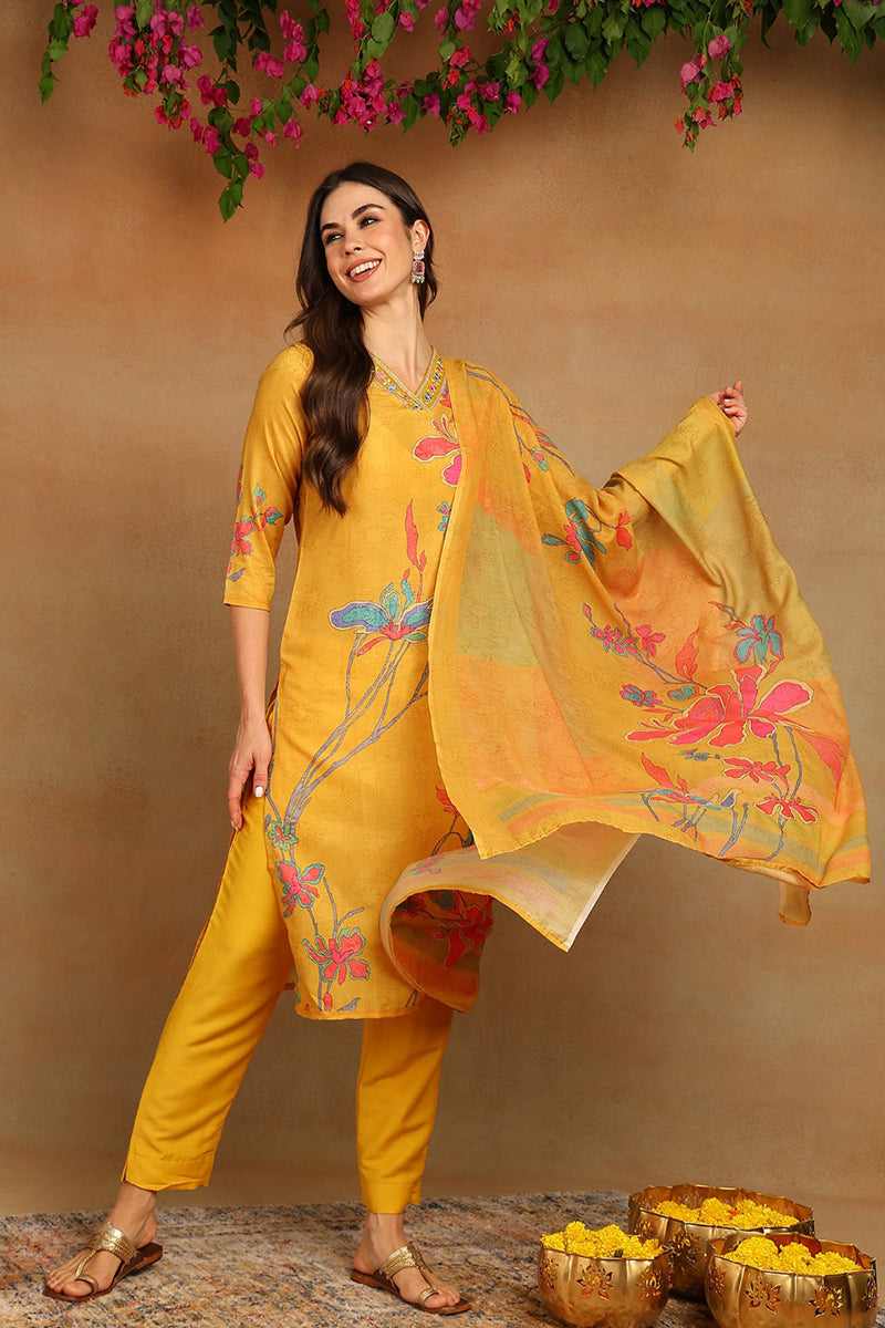 Mustard Yellow Rayon Blend Floral Printed Straight Suit Set PKSKD2416