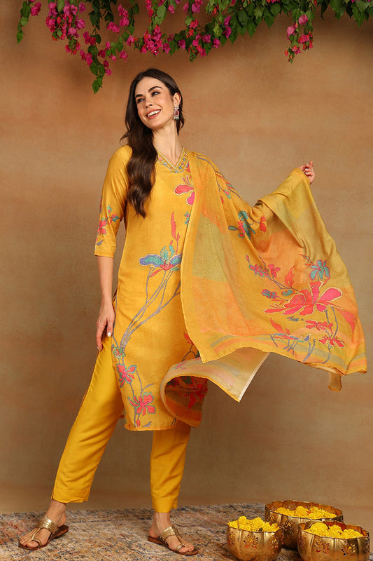 Mustard Yellow Rayon Blend Floral Printed Straight Suit Set PKSKD2416