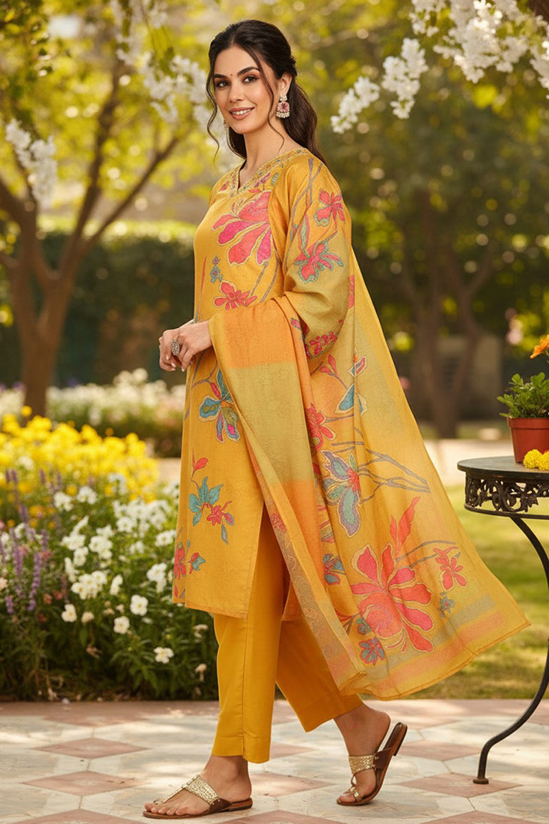 Mustard Yellow Rayon Blend Floral Printed Straight Suit Set PKSKD2416