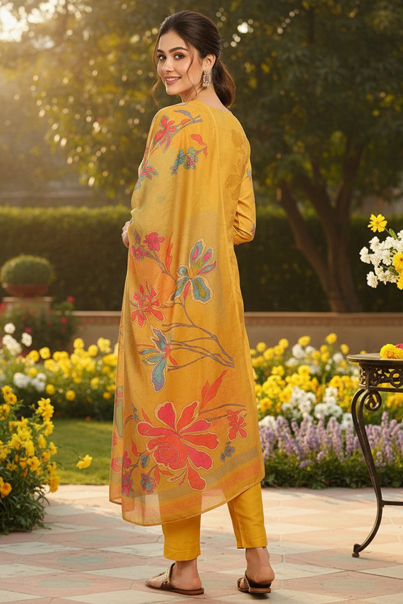 Mustard Yellow Rayon Blend Floral Printed Straight Suit Set PKSKD2416