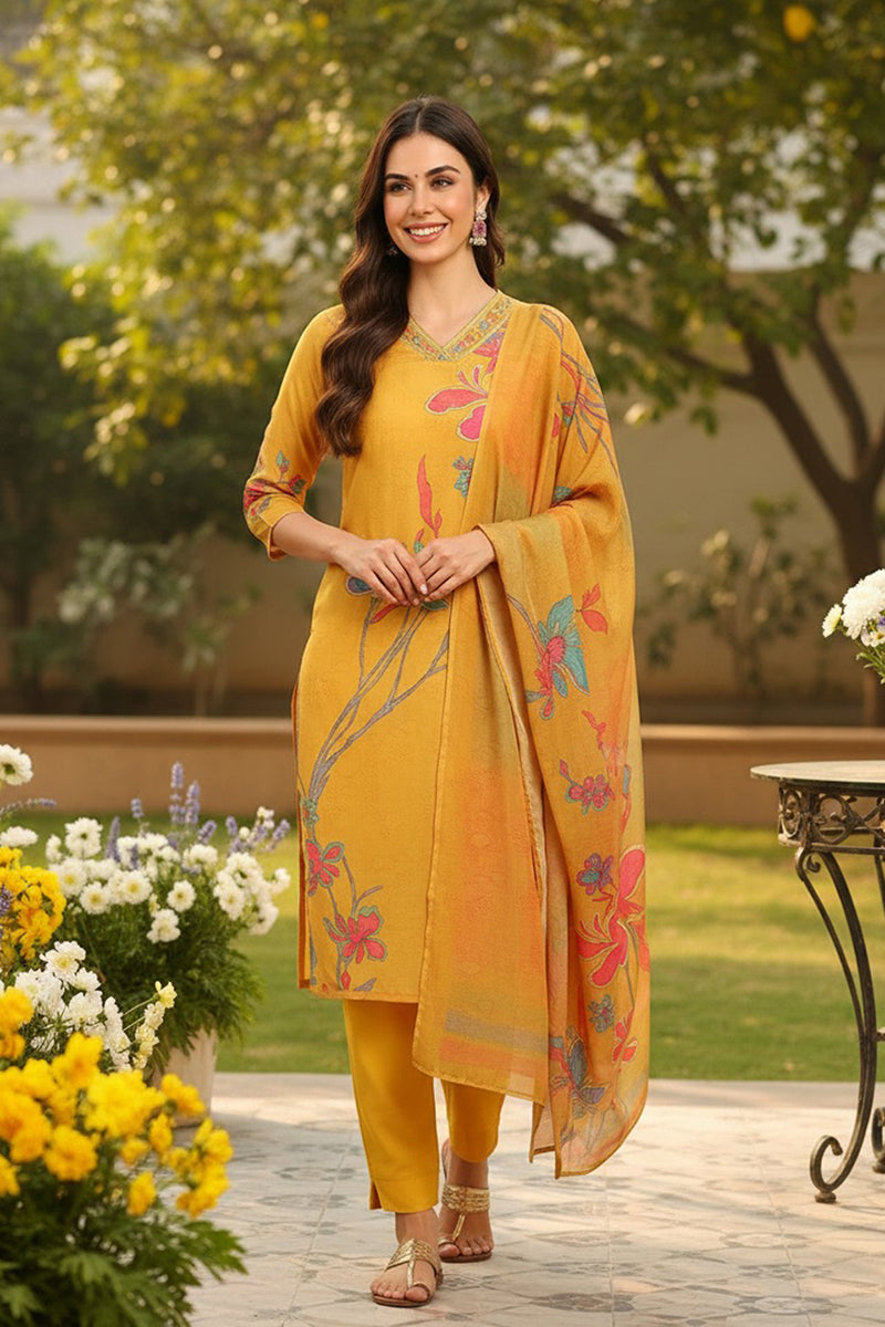 Mustard Yellow Rayon Blend Floral Printed Straight Suit Set PKSKD2416