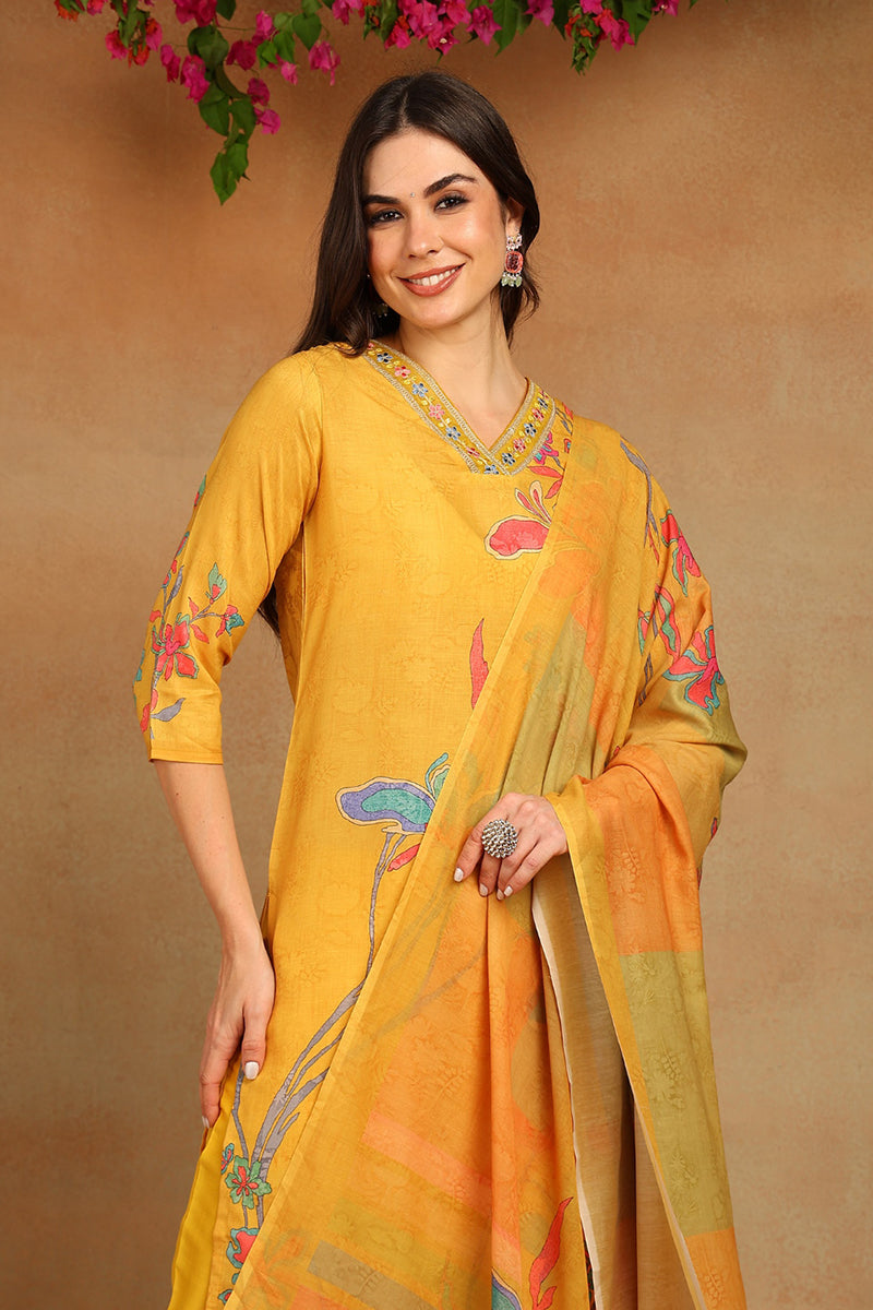 Mustard Yellow Rayon Blend Floral Printed Straight Suit Set PKSKD2416