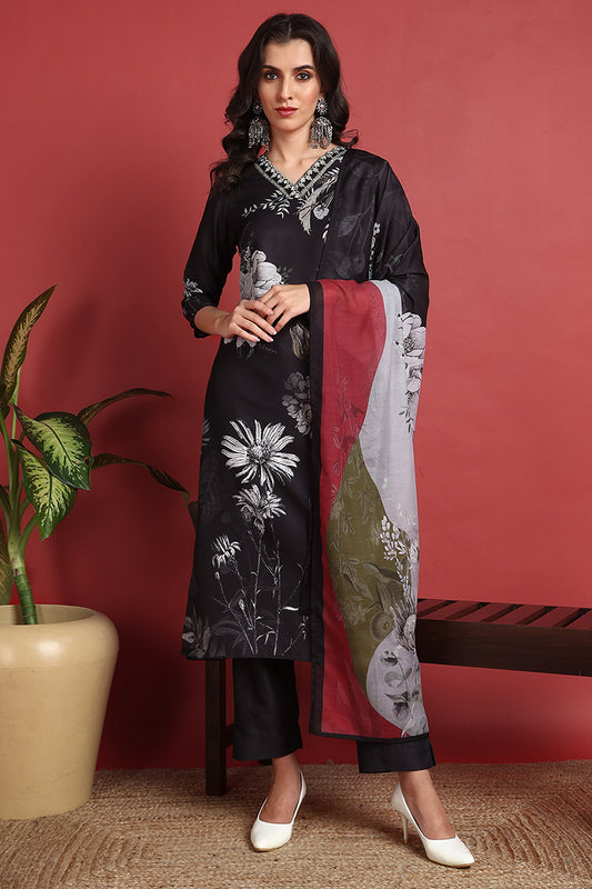 Black Rayon Blend Floral Printed Straight Suit Set PKSKD2417