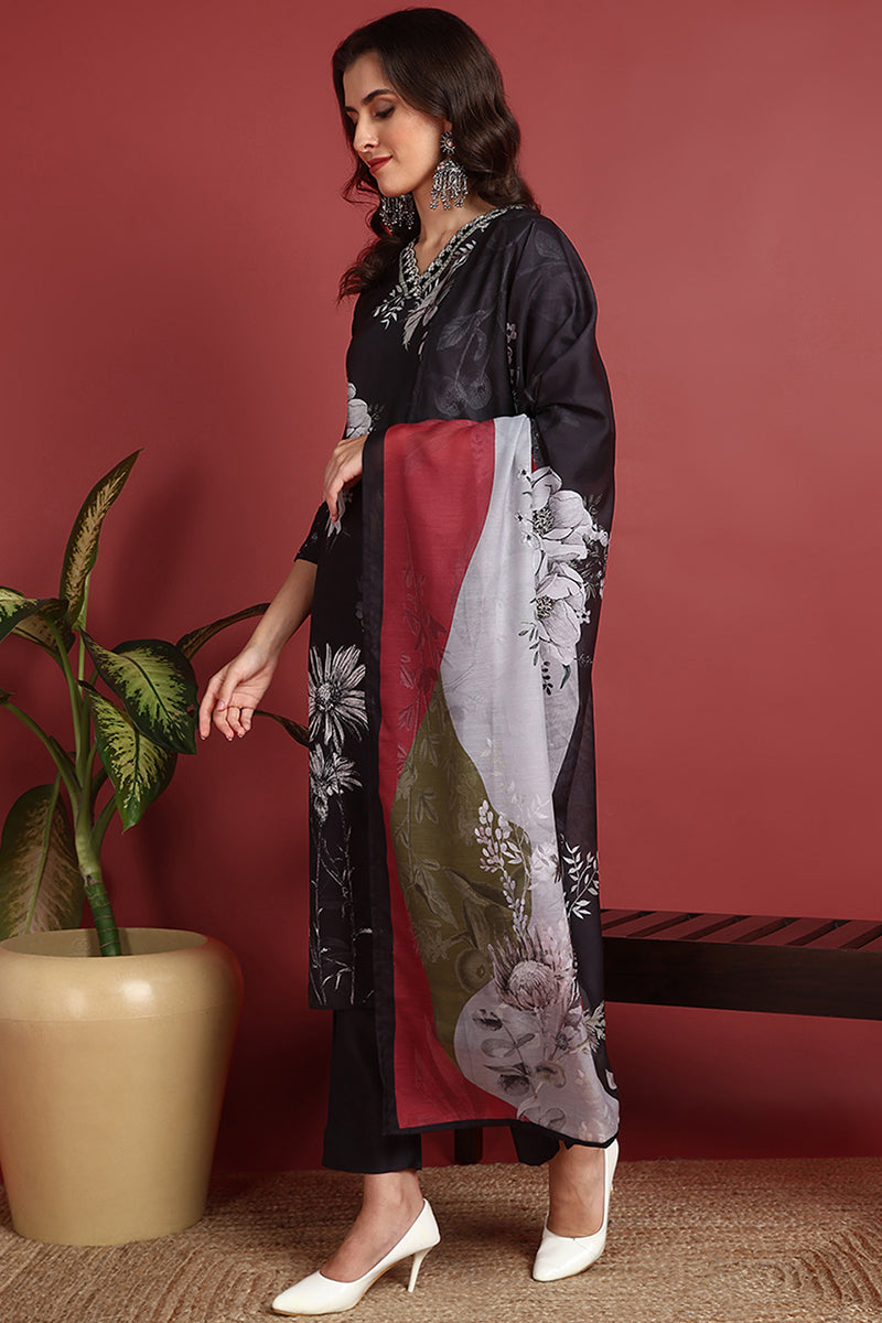 Black Rayon Blend Floral Printed Straight Suit Set PKSKD2417