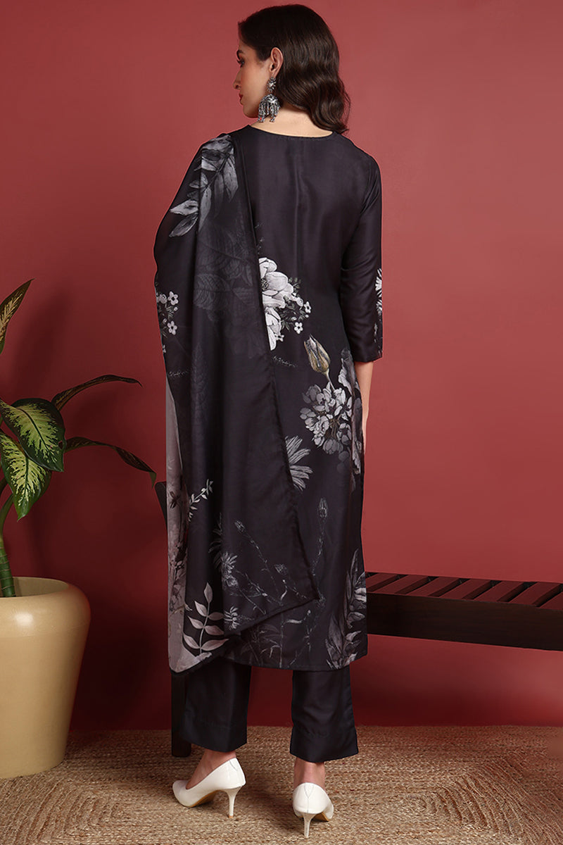 Black Rayon Blend Floral Printed Straight Suit Set PKSKD2417