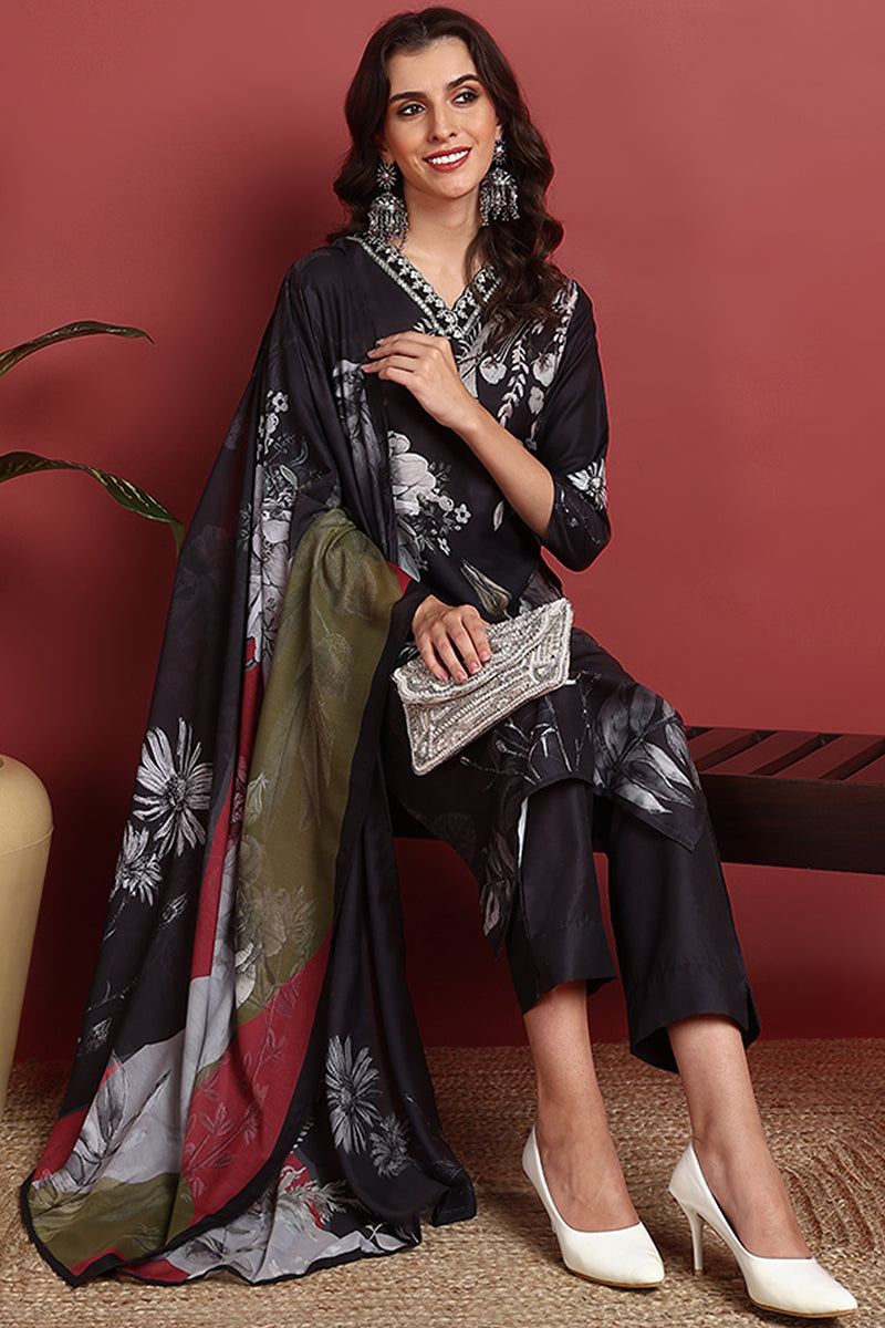 Black Rayon Blend Floral Printed Straight Suit Set PKSKD2417