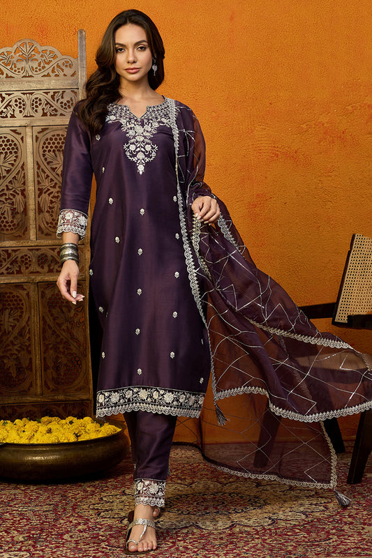 Purple Silk Blend Solid Embroidered Straight Suit Set PKSKD2419