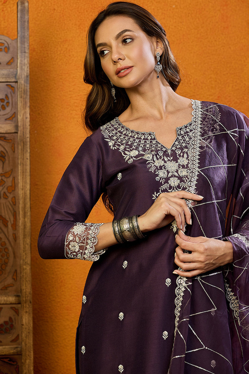 Purple Silk Blend Solid Embroidered Straight Suit Set PKSKD2419