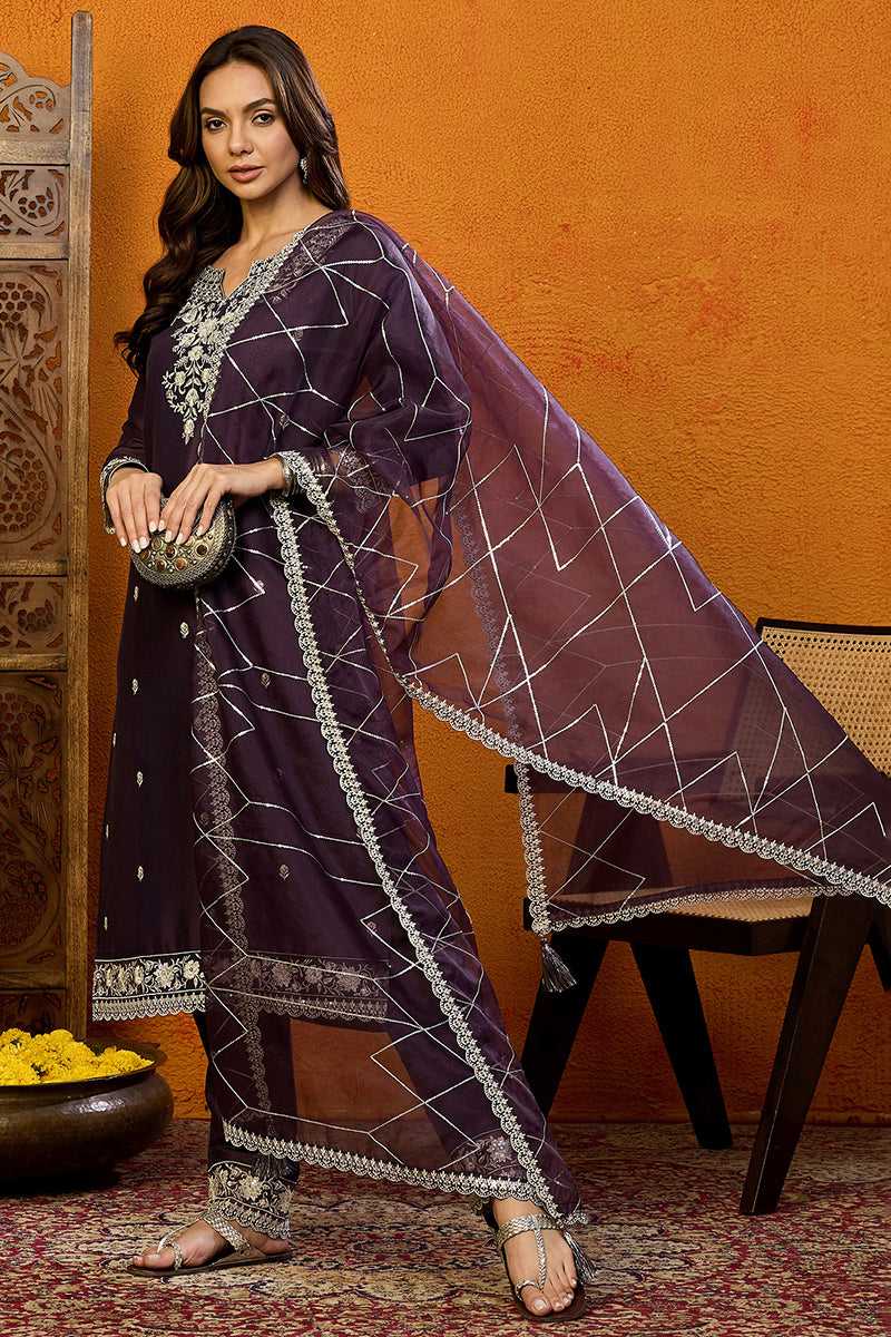 Purple Silk Blend Solid Embroidered Straight Suit Set PKSKD2419