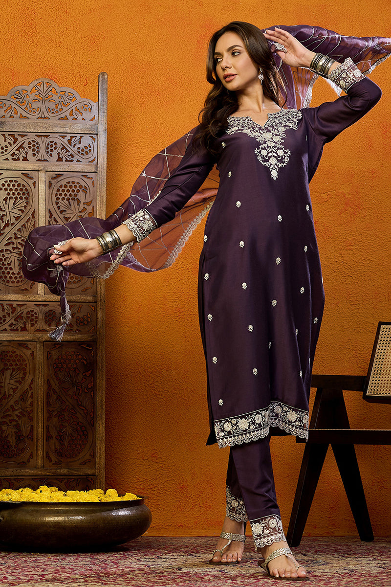 Purple Silk Blend Solid Embroidered Straight Suit Set PKSKD2419