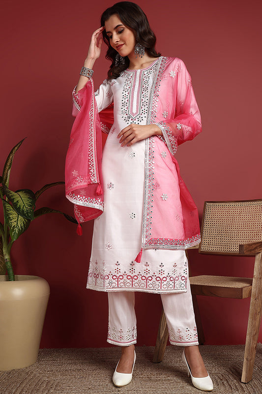 White Silk Blend Solid Embroidered Straight Suit Set PKSKD2422