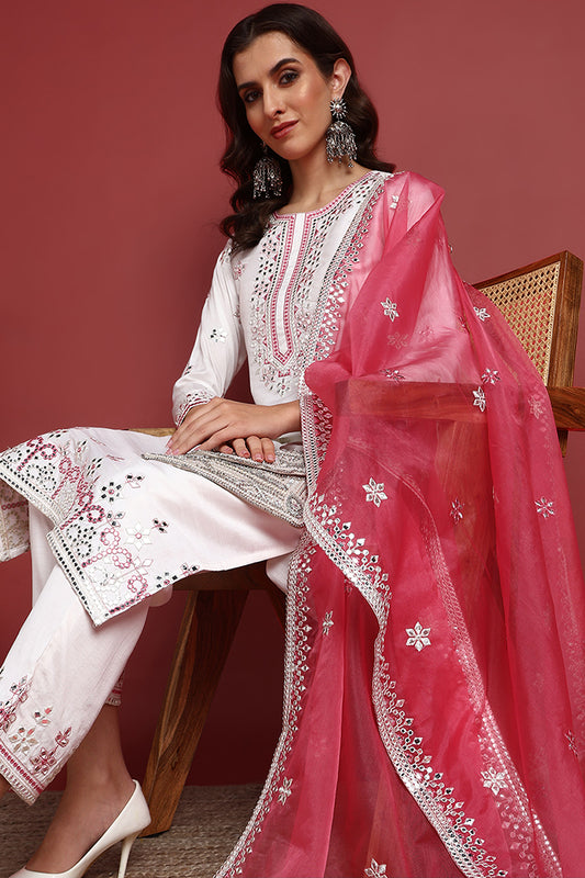 White Silk Blend Solid Embroidered Straight Suit Set PKSKD2422