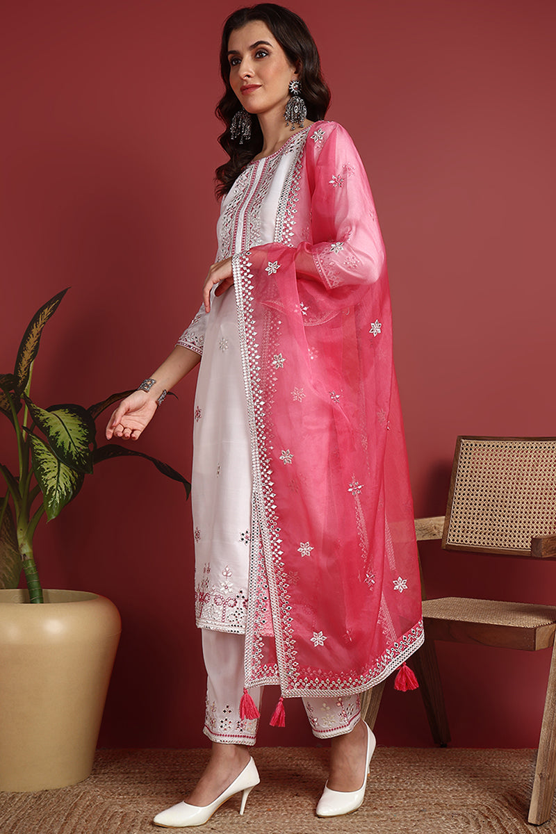 White Silk Blend Solid Embroidered Straight Suit Set PKSKD2422