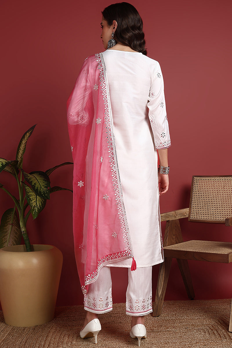 White Silk Blend Solid Embroidered Straight Suit Set PKSKD2422